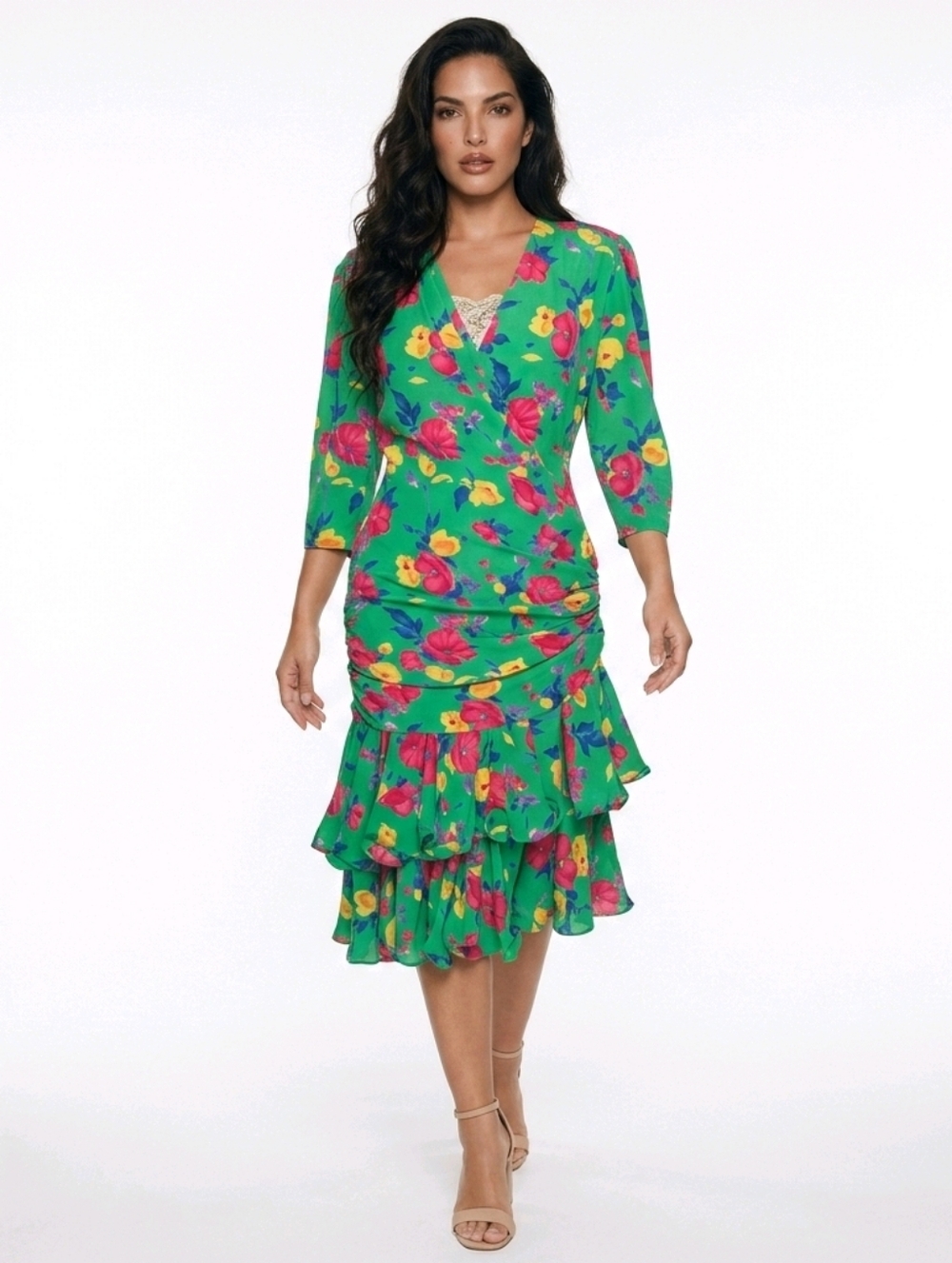 Vintage Frank Usher  Floral Wrap Ruffle Dress